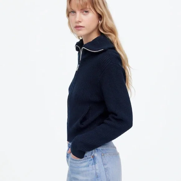 Madewell Ribbed Zip-Front Cardigan in Navy Size S - Picture 2 of 5